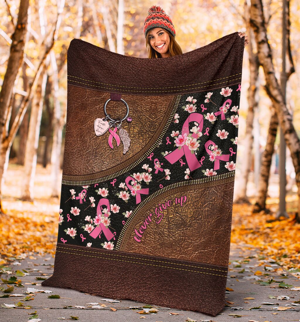 Breast Cancer Awareness Never Give Up Flannel Blanket For Cozy Bedroom Sofa Decor