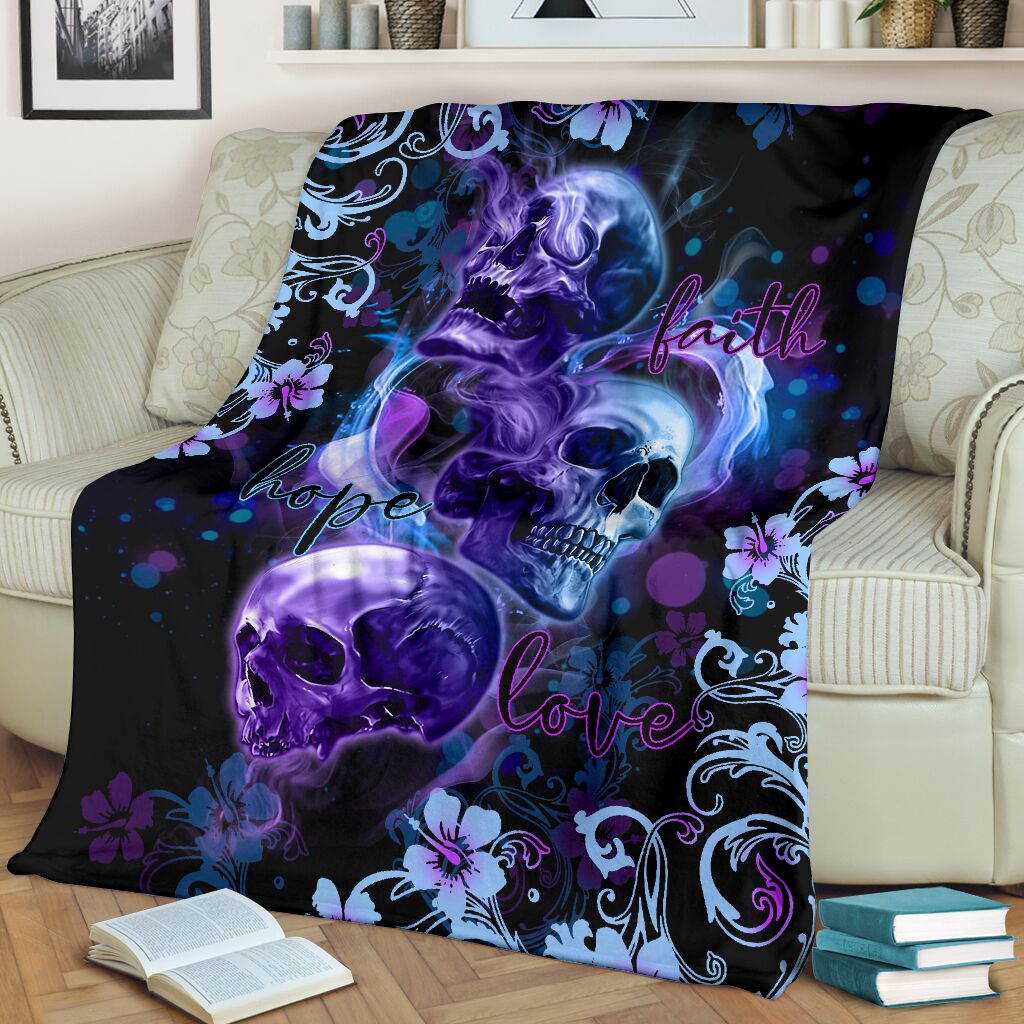 Skull Faith Hope Love Tropical Floral Flannel Blanket For Cozy Bedroom Sofa Decor