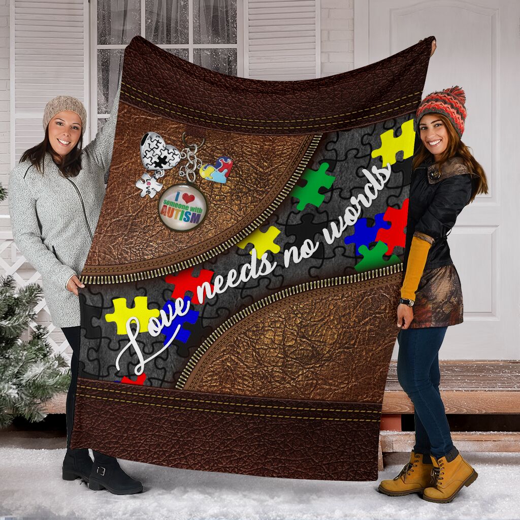 Autism Awareness Love Needs No Words Leather Pattern Flannel Blanket For Cozy Bedroom Sofa Decor