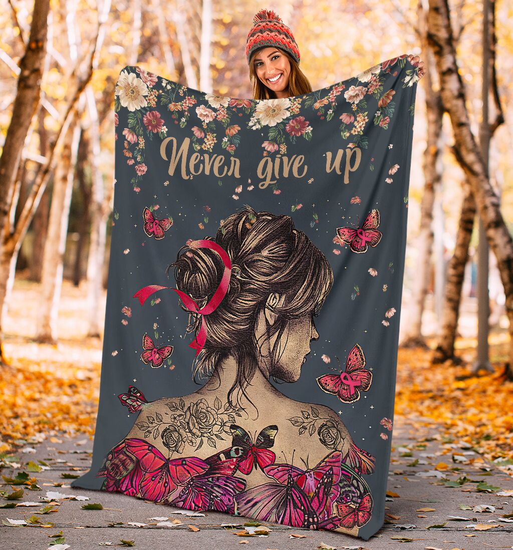 Breast Cancer Never Give Up Breast Cancer Awareness Flannel Blanket For Cozy Bedroom Sofa Decor