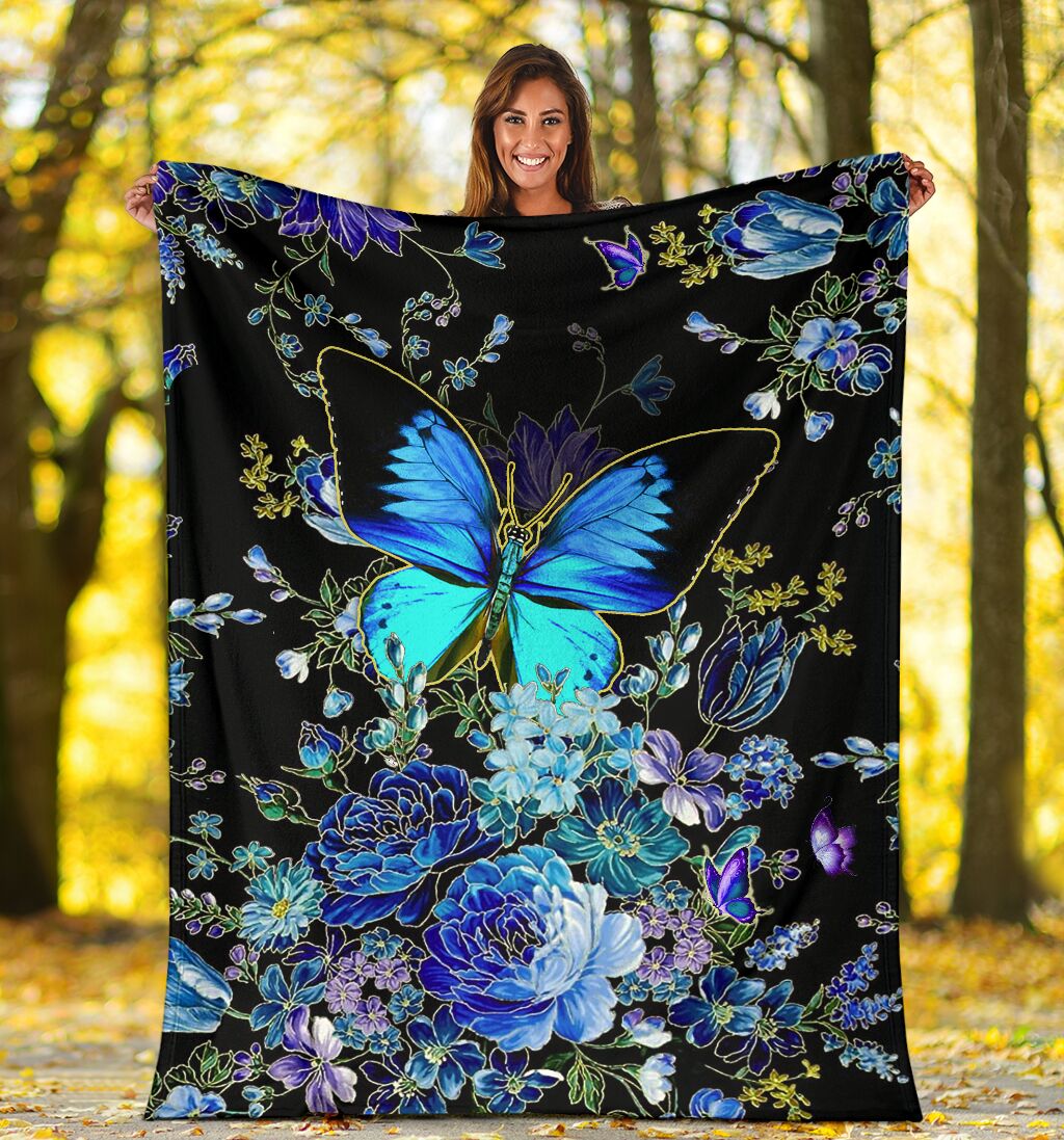 Butterfly With Blue Flowers Flannel Blanket For Cozy Bedroom Sofa Decor