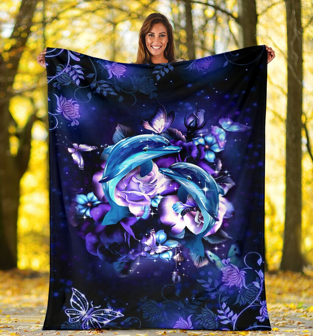 Dolphin And Blue Flowers Flannel Blanket For Cozy Bedroom Sofa Decor