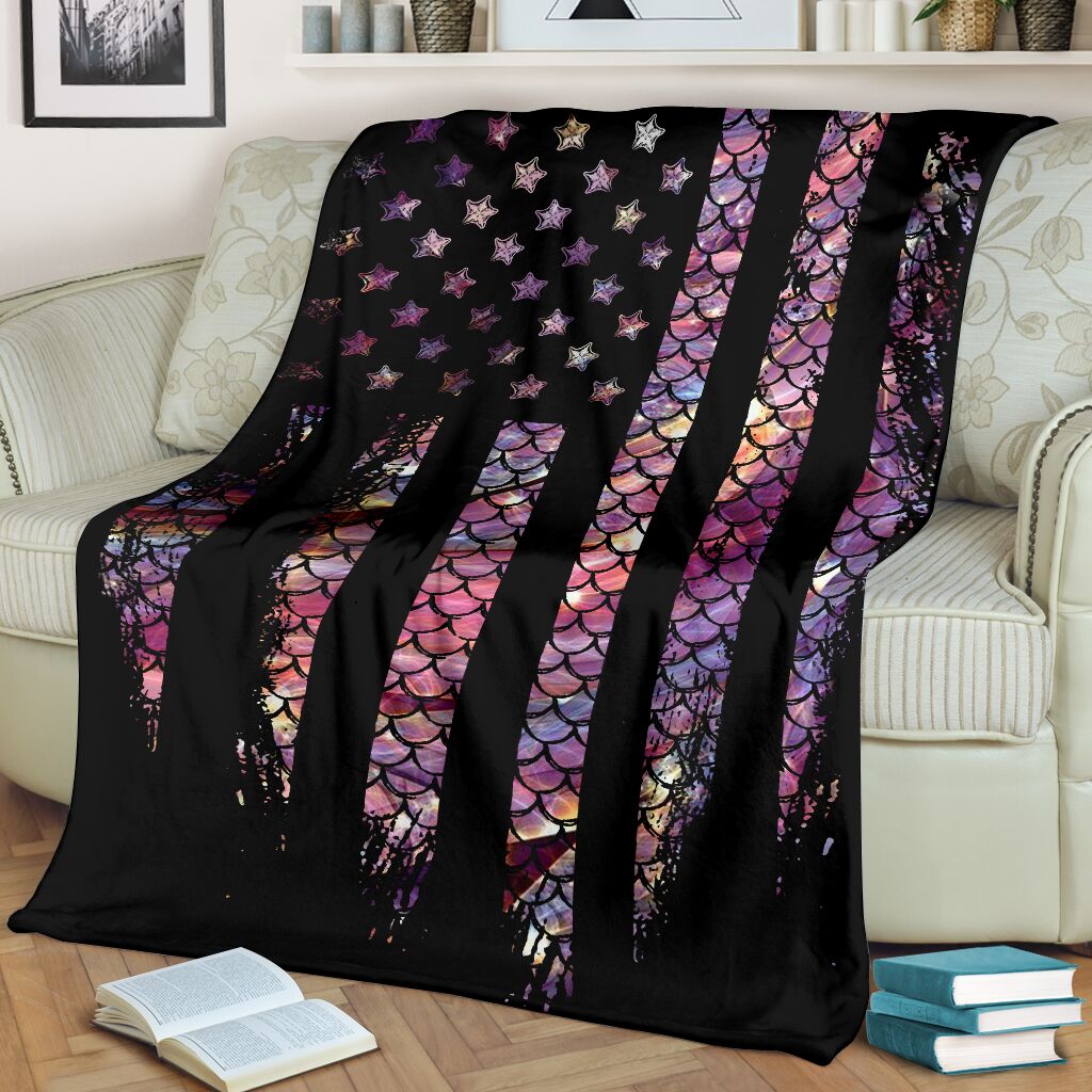 Mermaid Scales American Flag Flannel Blanket For Cozy Bedroom Sofa Decor