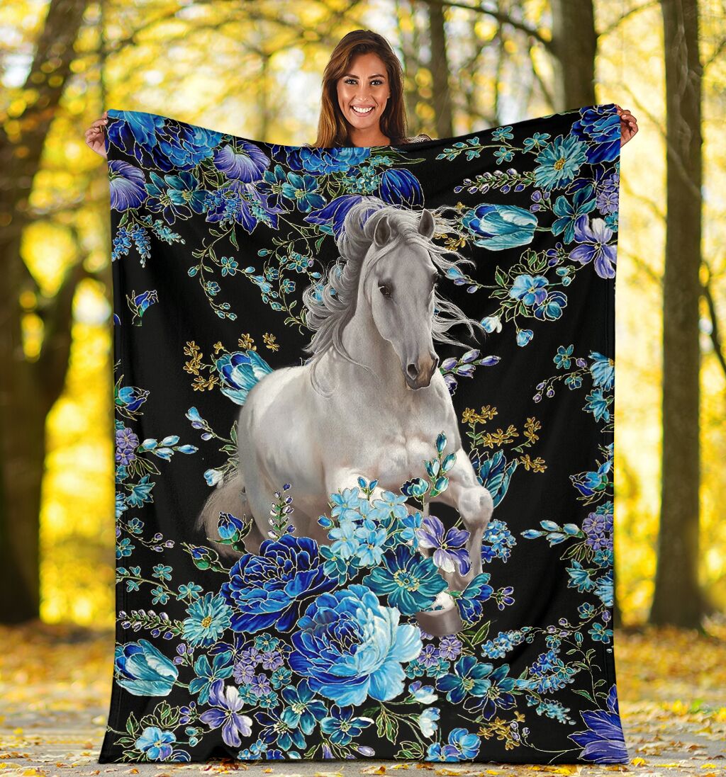 Horse Blue Floral Flannel Blanket For Cozy Bedroom Sofa Decor