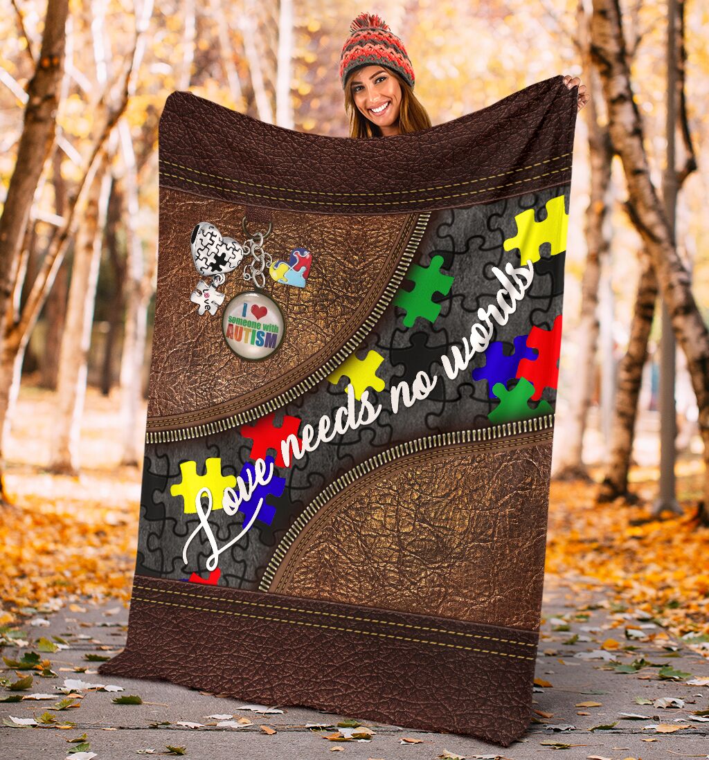 Autism Awareness Love Needs No Words Leather Pattern Flannel Blanket For Cozy Bedroom Sofa Decor