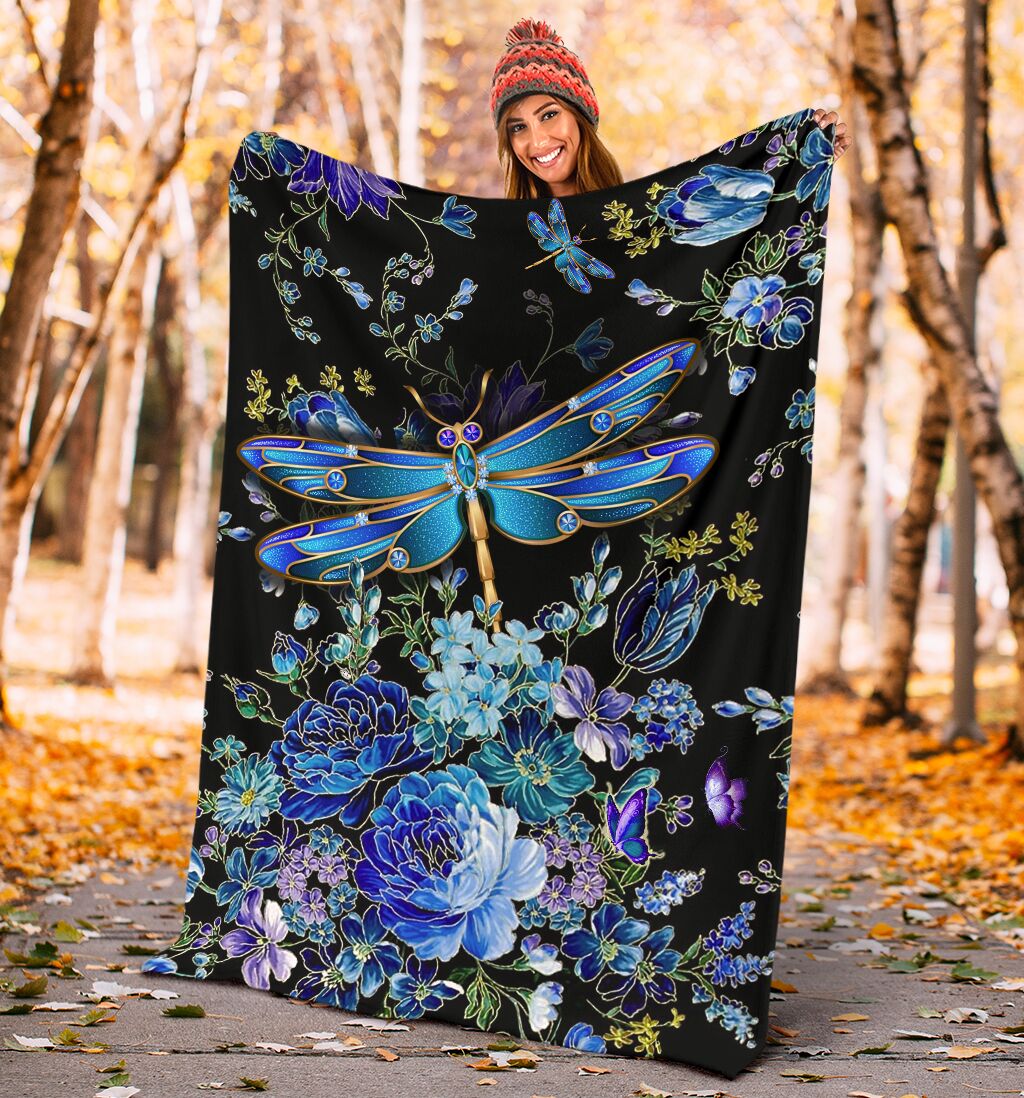 Dragonfly Blue Floral Flannel Blanket For Cozy Bedroom Sofa Decor