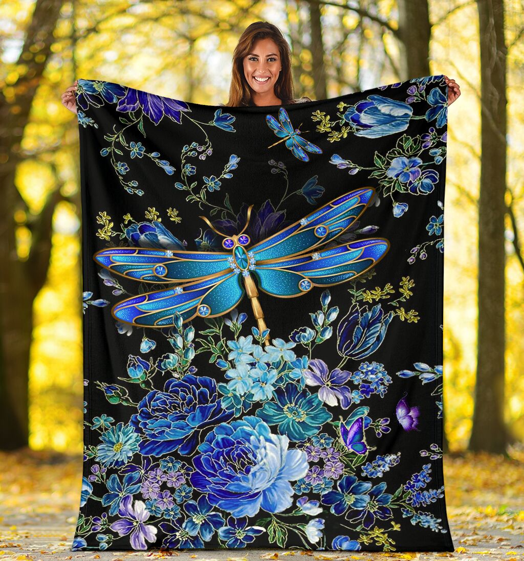Dragonfly Blue Floral Flannel Blanket For Cozy Bedroom Sofa Decor
