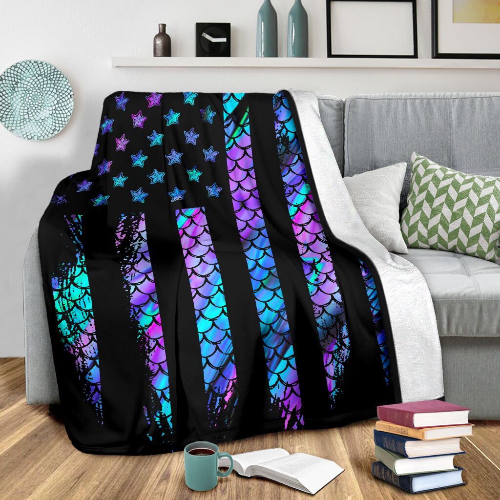 Mermaid American Flag Flannel Blanket For Cozy Bedroom Sofa Decor