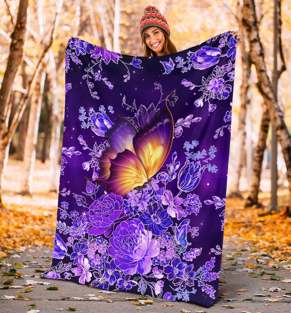 Butterfly With Purple Flowers Flannel Blanket For Cozy Bedroom Sofa Decor