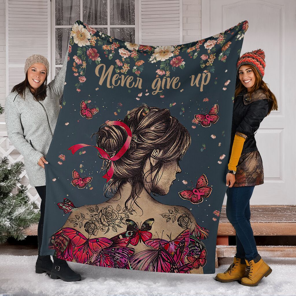 Breast Cancer Never Give Up Breast Cancer Awareness Flannel Blanket For Cozy Bedroom Sofa Decor