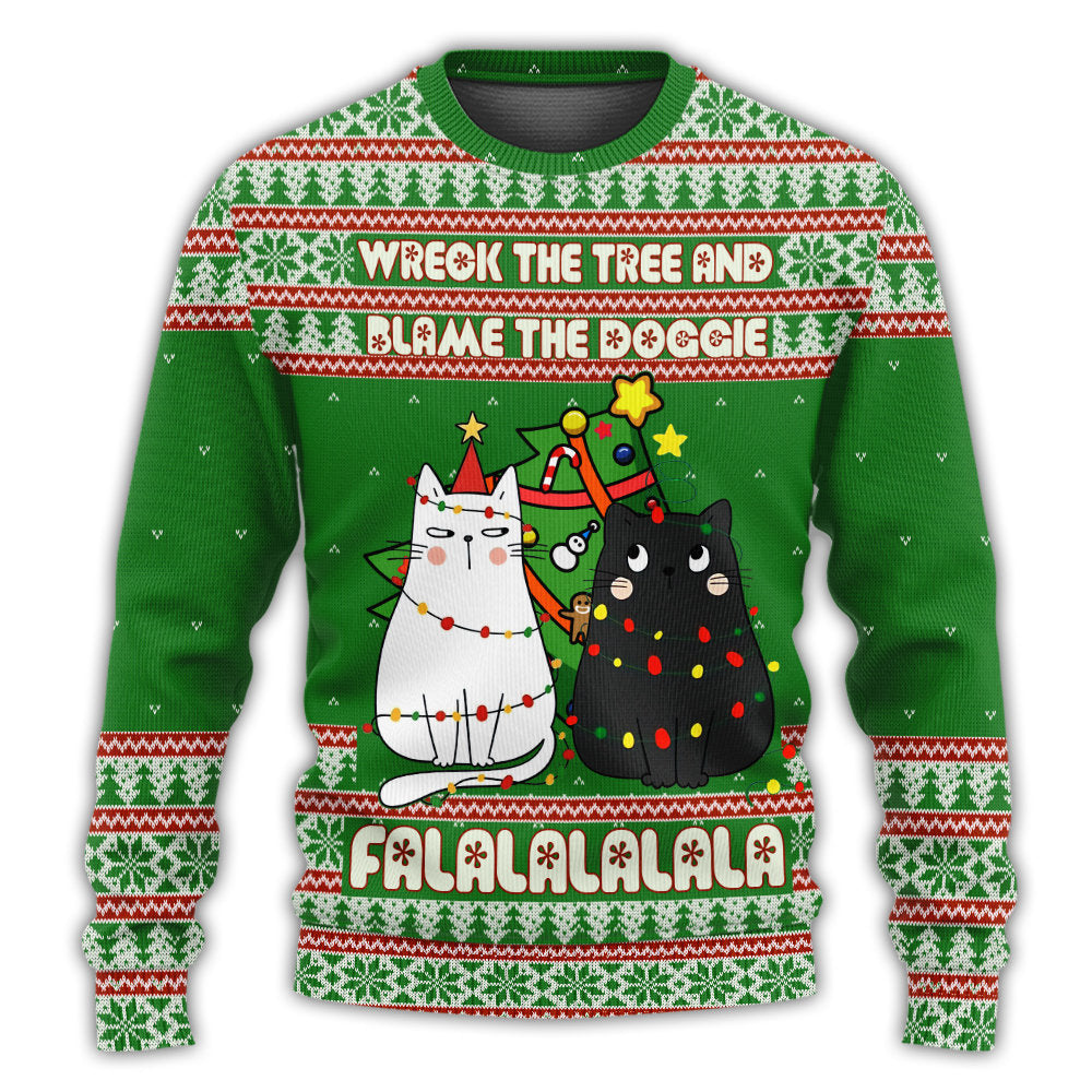 Cat Wrecks Tree Meowy Christmas Sweater For Winter Parties Seasonal Adventures And Relaxed Everyday Styling