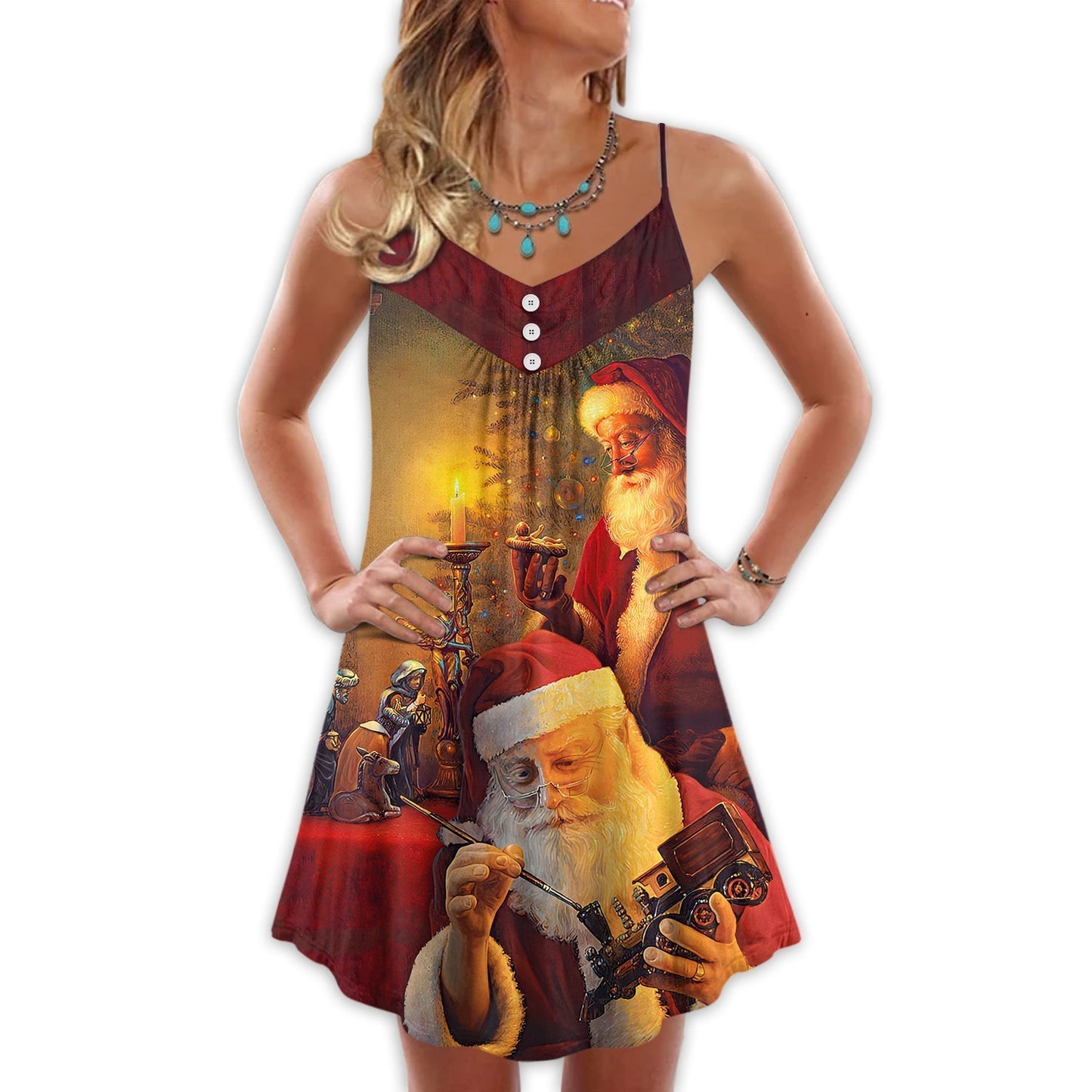 Christmas Spirit Of Santa Art V-Neck Sleeveless Cami Dress For Festive Events And Casual Summer Styling