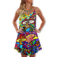 Hippie Mushroom Colorful Lover V-Neck Sleeveless Cami Dress For Festivals Vacations And Relaxed Artistic Styling
