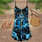 Skull Black Ground Blue V-Neck Sleeveless Cami Dress For Alternative Festivals And Bold Summer Style