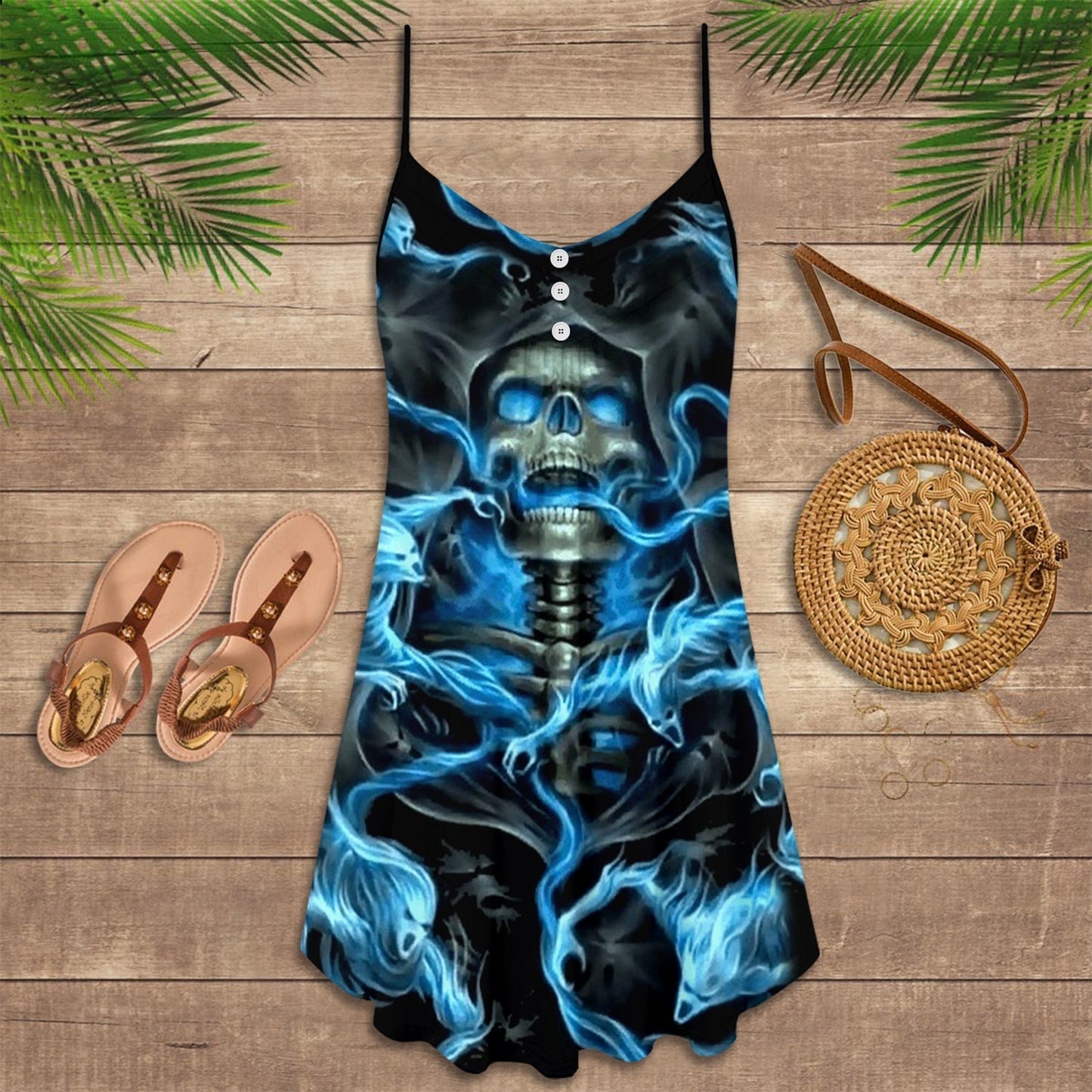 Skull Black Ground Blue V-Neck Sleeveless Cami Dress For Alternative Festivals And Bold Summer Style