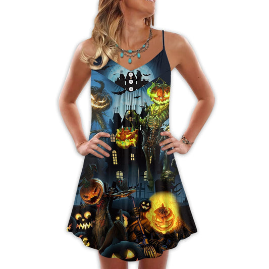 Halloween Pumpkin Sky Night – Women's Summer Sleeveless V-Neck Camisole Dress