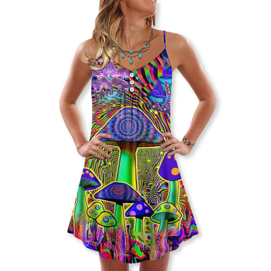 Hippie Mushroom Magic Style V-Neck Sleeveless Cami Dress For Summer Events And Comfortable Everyday Style