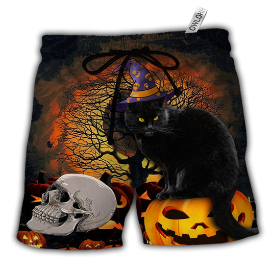 Halloween Black Cat Scary Pumpkin Hawaiian Print Beach Shorts For Striking Resort Looks