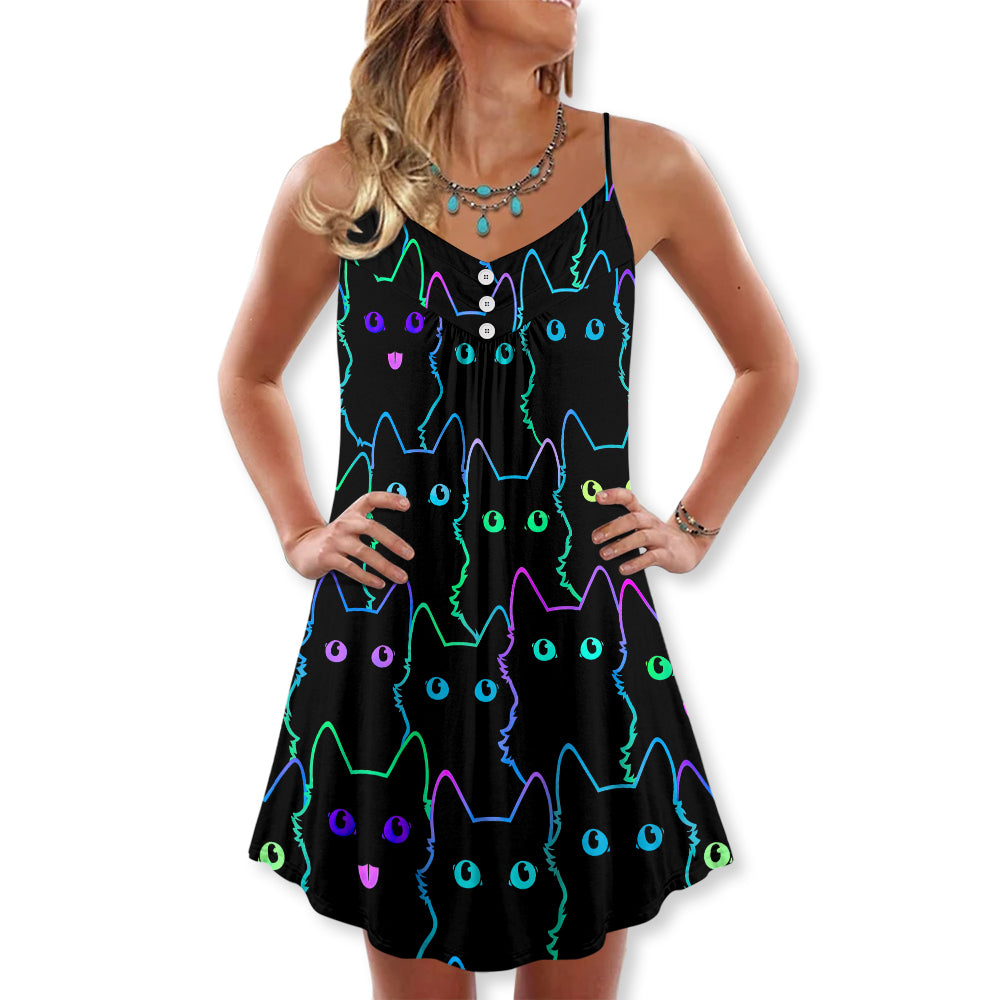 Cute Kitten Neon Art V-Neck Sleeveless Cami Dress For Playful Summer Getaways And Thoughtful Gift Giving