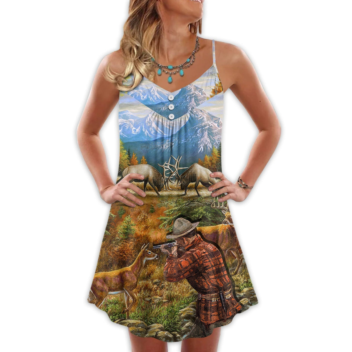 Hunting Deer Cool Art V-Neck Sleeveless Cami Dress For Summer Events And Comfortable Everyday Style