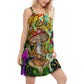 Hippie Mushroom Witch Colorful V-Neck Sleeveless Cami Dress For Creative Events And Casual Warm Weather Wear