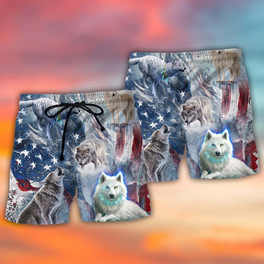 Wolf Snow Mountain Independence Day Beach Shorts Artwork Detail For Tropical Travel And Everyday Wear