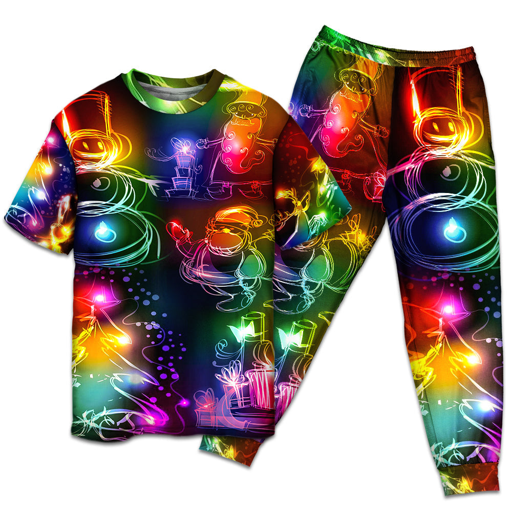 Santa Snowman Christmas Tree Lights Short Sleeve Pajamas Set For Holiday Bedtime And Cozy Home Wear