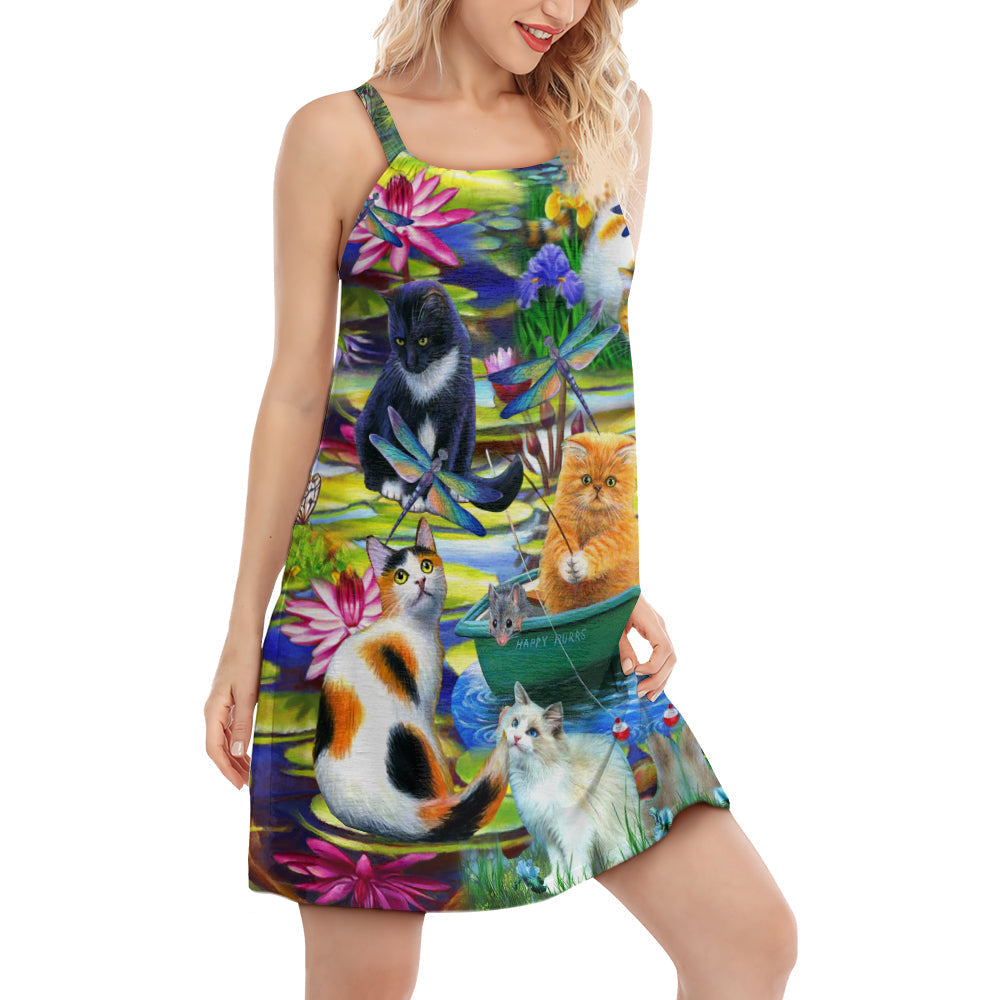 Cat Curious In A Water Lily Lake V-Neck Sleeveless Cami Dress For Travel And Comfortable Summer Styling