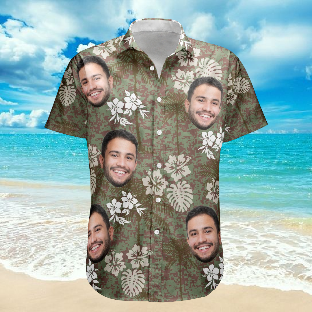 Tropical Camo Beach Island Aloha Custom Photo Hawaiian Shirt For Personalized Vacation Style And Beach Travel