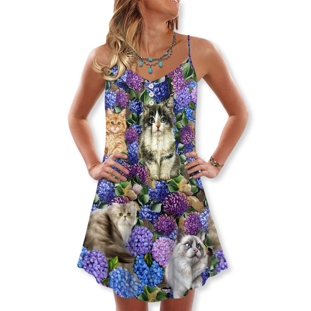 Lovely Cat Purple Flowers V-Neck Sleeveless Cami Dress For Festivals Travel And Relaxed Casual Summer Wear