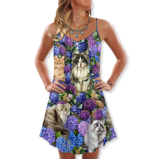 Lovely Cat Purple Flowers V-Neck Sleeveless Cami Dress For Festivals Travel And Relaxed Casual Summer Wear
