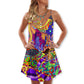 Hippie Colorful Love Life V-Neck Sleeveless Cami Dress For Beach Days Festivals And Comfortable Bohemian Outfits