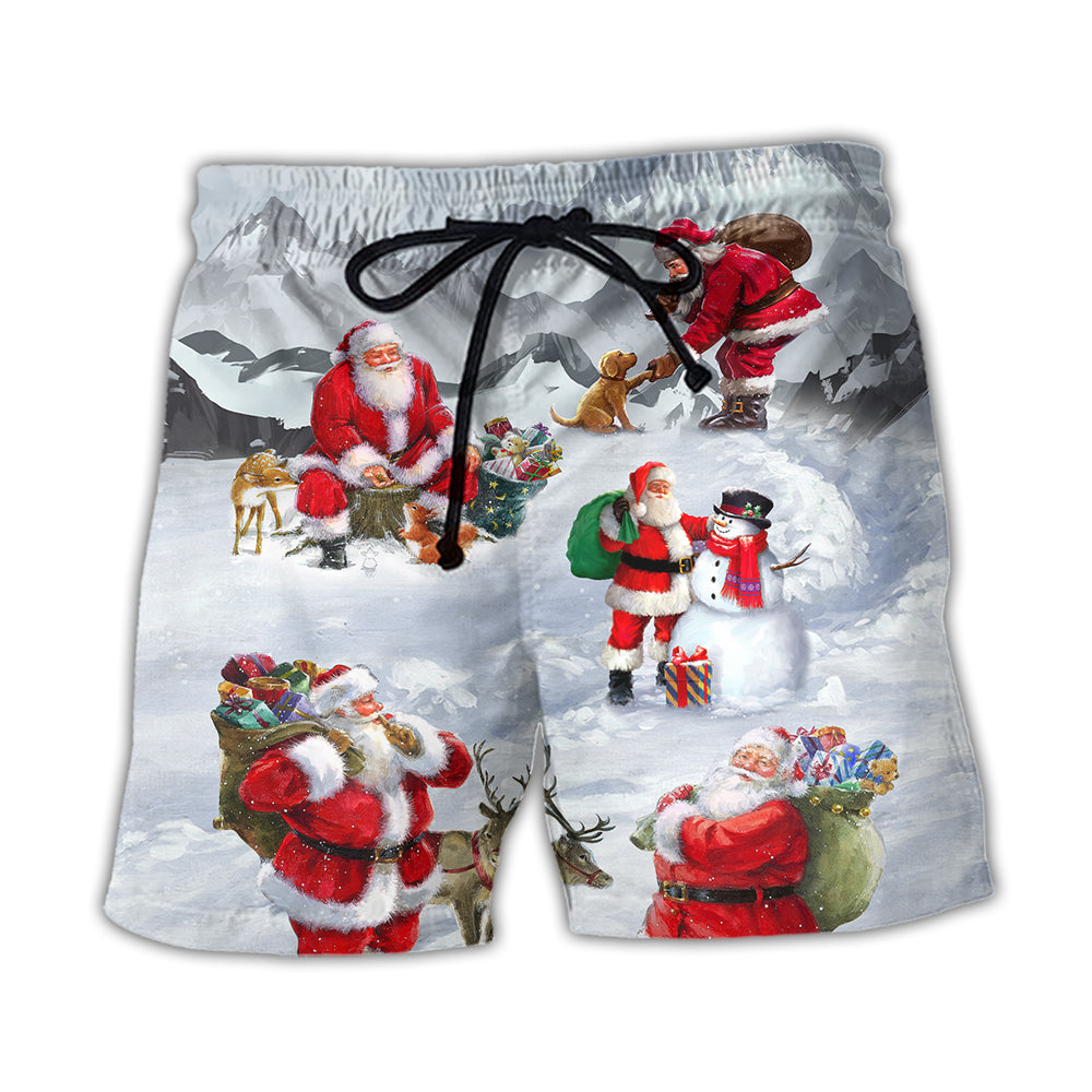 Christmas Santa In Snowy Mountain Beach Shorts For Festive Vacation And Holiday Travel