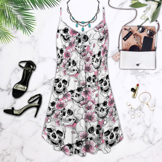 Skull Flowers Summer Tropical Limited 1 – Women's Summer Sleeveless V-Neck Camisole Dress
