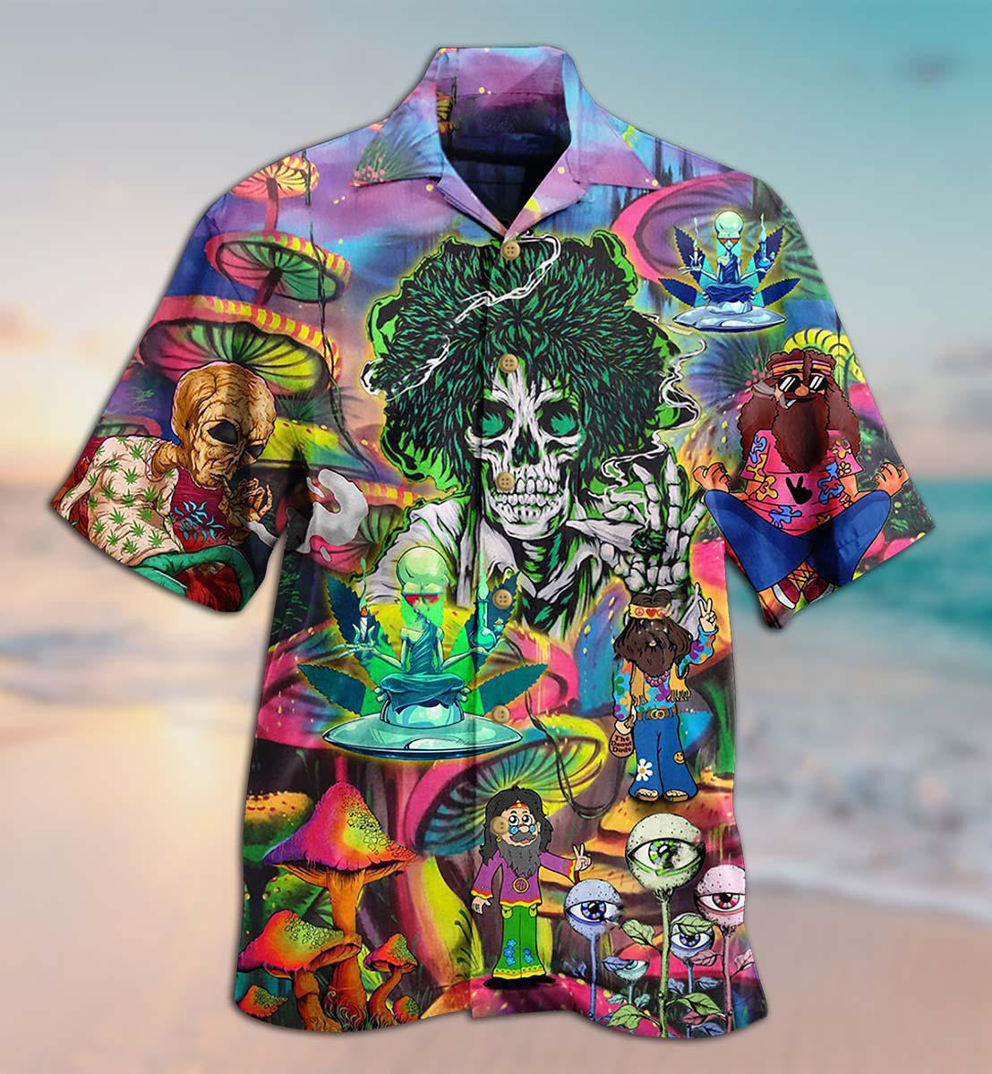 Bohemian Skull Alien Hawaiian Shirt Design View For Casual Summer Styling