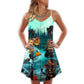 Halloween Black Cat Pumpkin Scary Style V-Neck Sleeveless Cami Dress For Vacations And Casual Warm Weather Wear