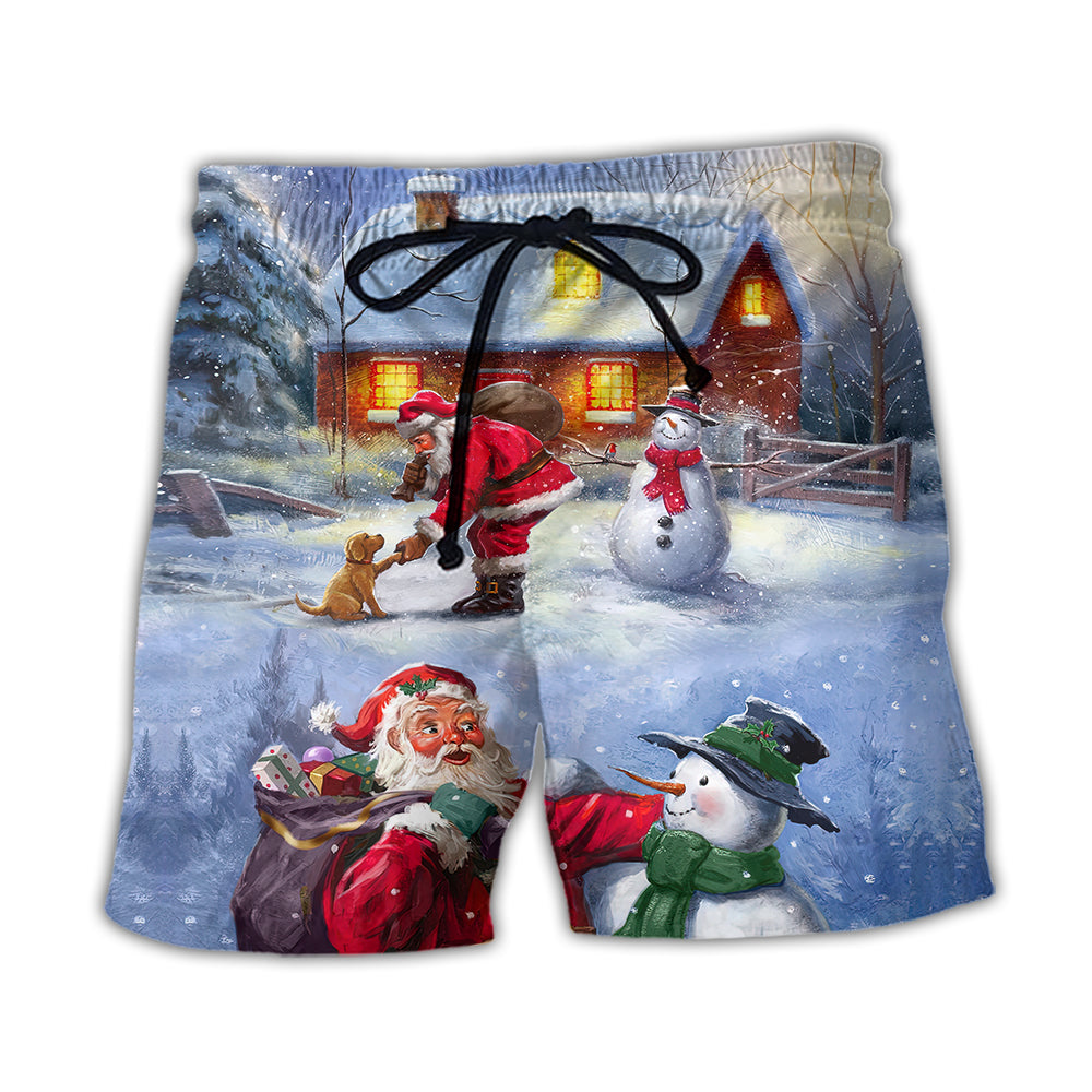 Christmas Santa And Snowman Village Gift Beach Shorts Design Detail For Coastal Escapes And Daily Wear