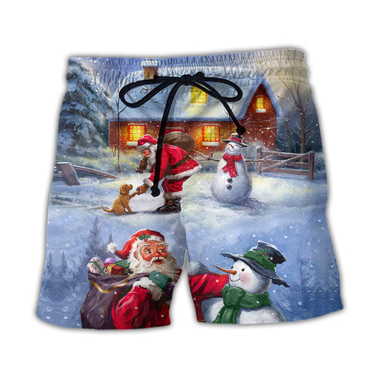 Christmas Santa And Snowman Village Gift Beach Shorts Design Detail For Coastal Escapes And Daily Wear