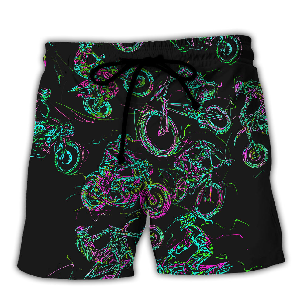 Motorcycle Lover Neon Light Style Beach Shorts For Vehicle Lover Vacation Wear