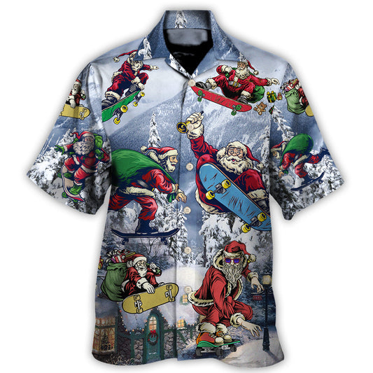 Neon Santa Skateboarding Snowy Mountain Hawaiian Shirt For Summer Vacation And Beach Travel