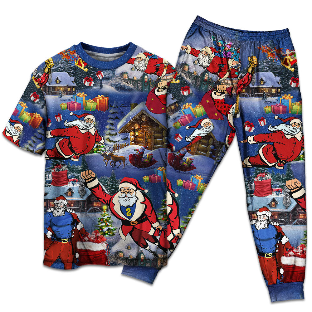 Flying Santa Christmas Short Sleeve Pajamas Set For Christmas Sleepwear And Family Lounging