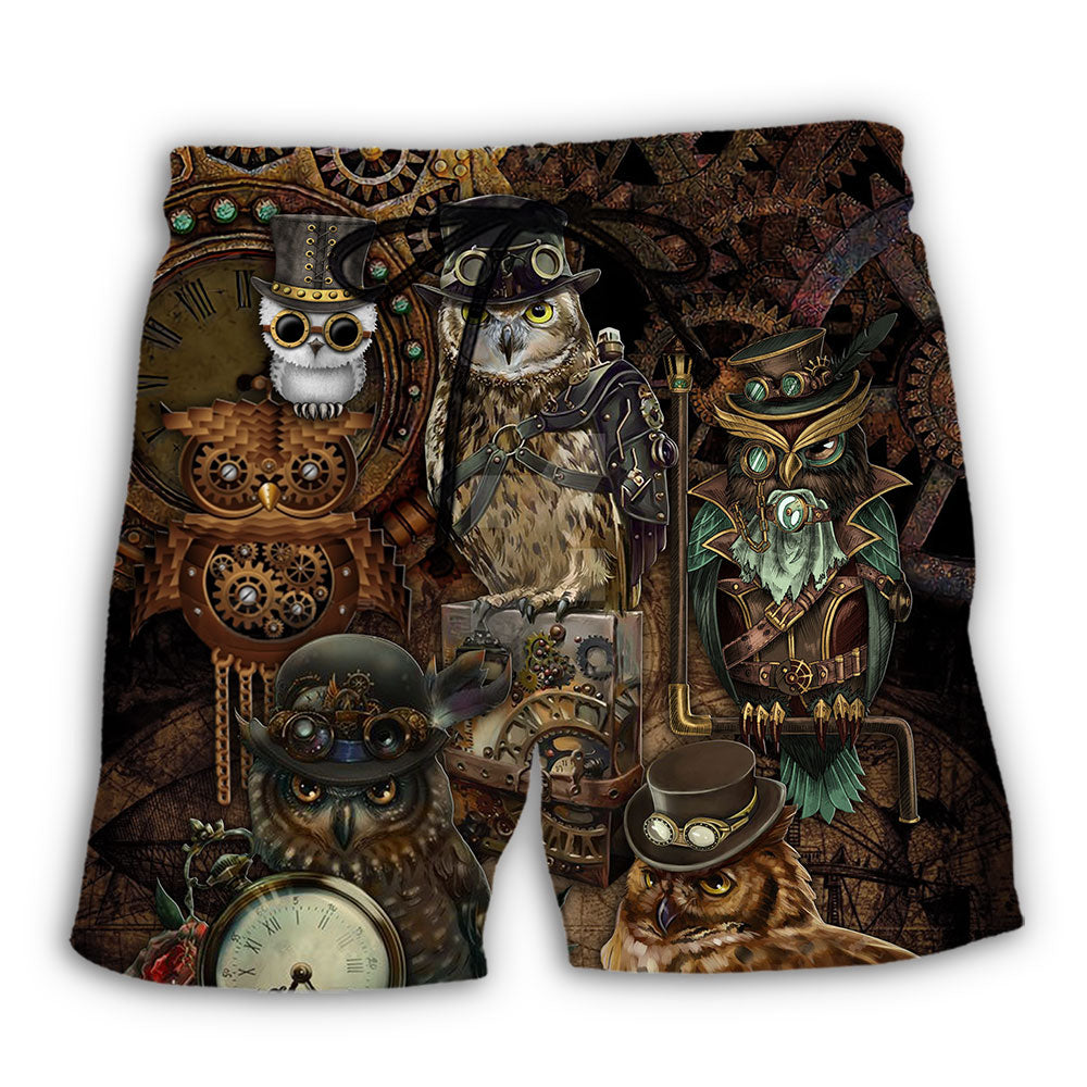 Steampunk Owl Retro Beach Shorts For Beach Days And Flexible Everyday Wear