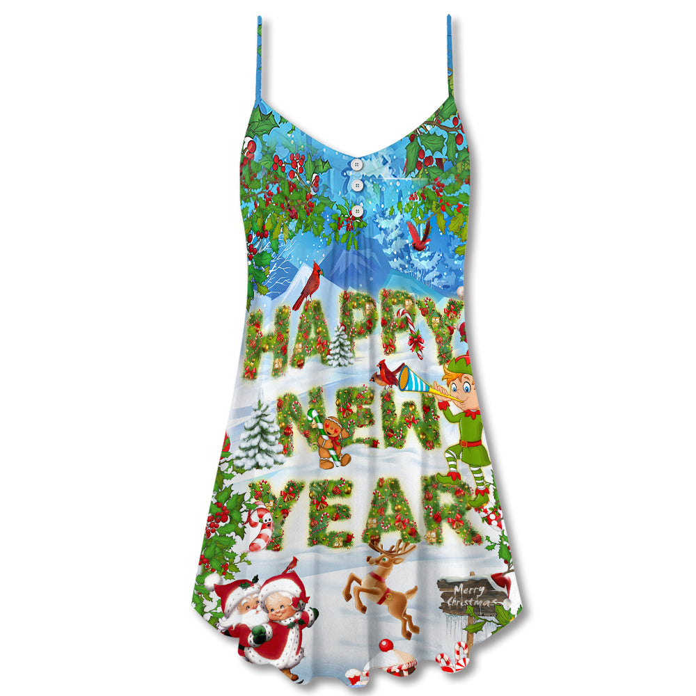 Christmas Happy New Year Snow V-Neck Sleeveless Cami Dress For Festive Events And Casual Summer Styling
