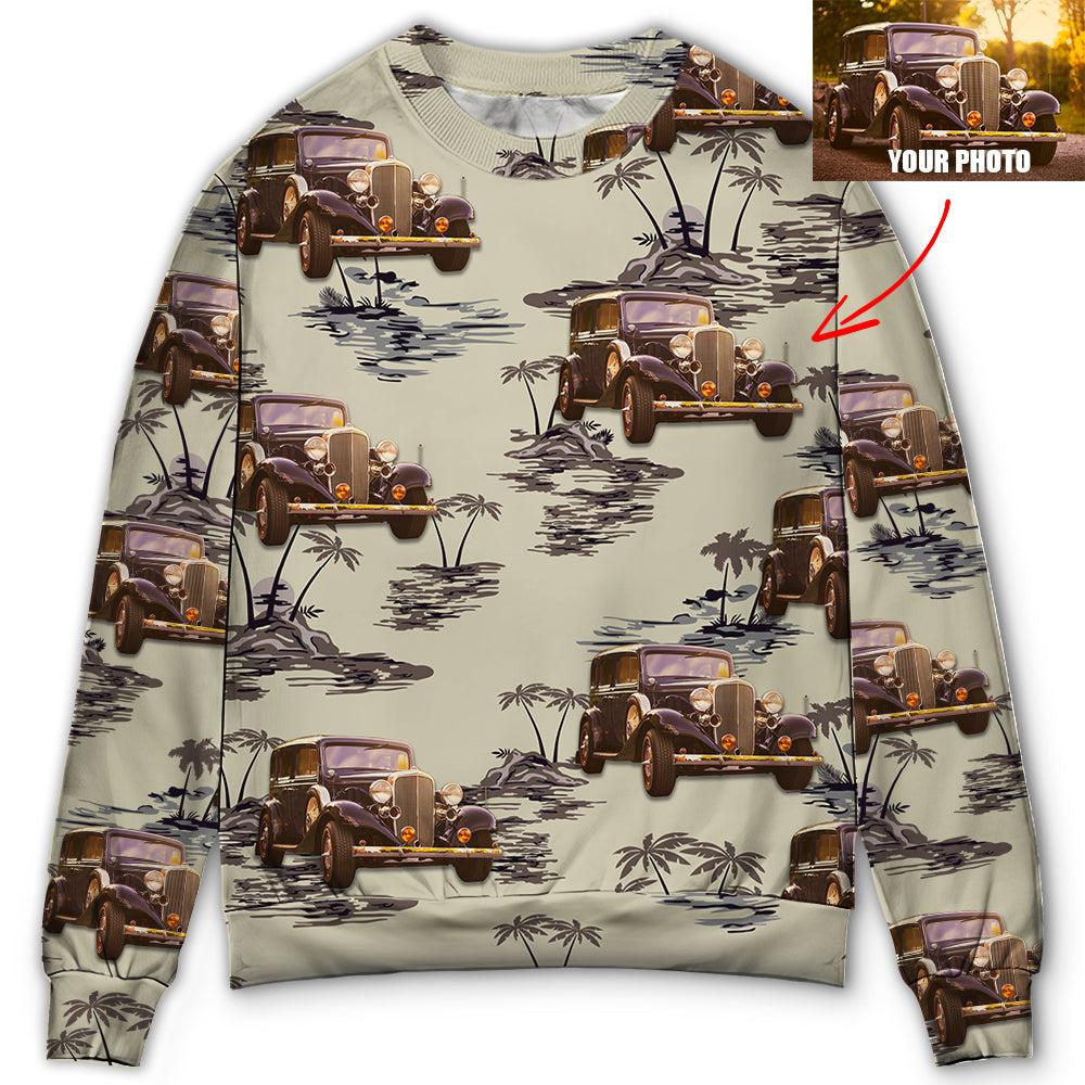 Vintage Car Tropical Island Palm Trees Sweater For Garage Gatherings Road Adventures And Creative Gifts