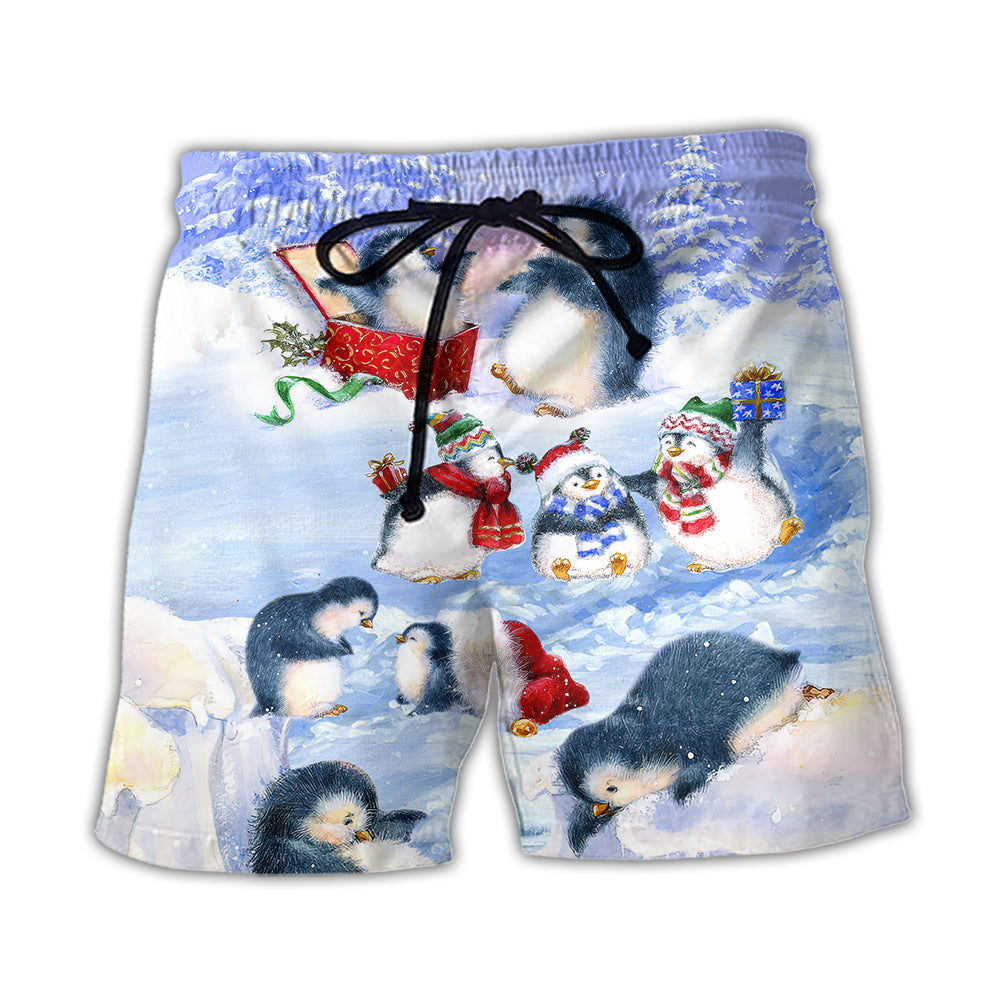 Christmas Penguin Family Holiday Love Beach Shorts For Seasonal Summer Travel