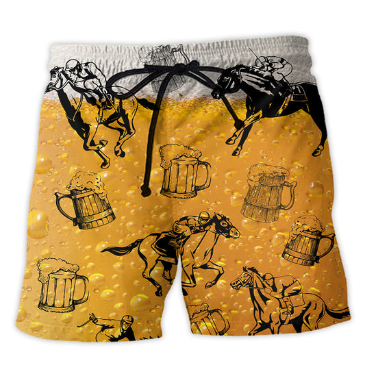Horse Racing And Beer Celebration Beach Shorts Pattern View For Vacation Travel And Outdoor Fun