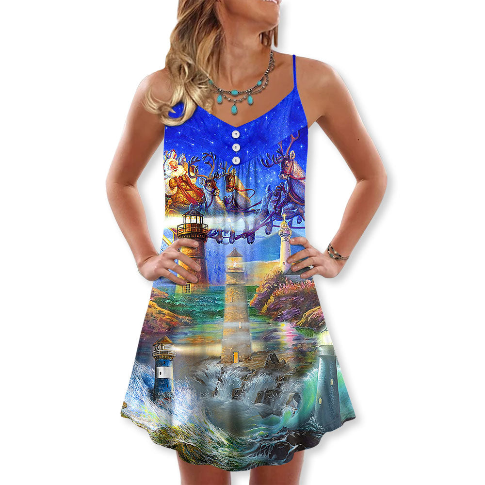 Lighthouse Santa Shine Bright V-Neck Sleeveless Cami Dress For Festivals Travel And Relaxed Casual Summer Wear