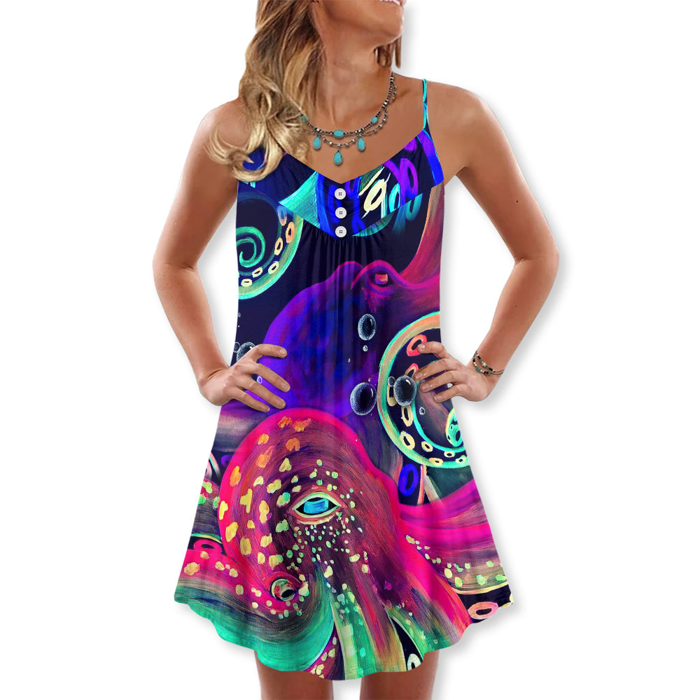 Neon Octopus Under The Sea V-Neck Sleeveless Cami Dress For Beach Trips And Relaxed Vacation Style