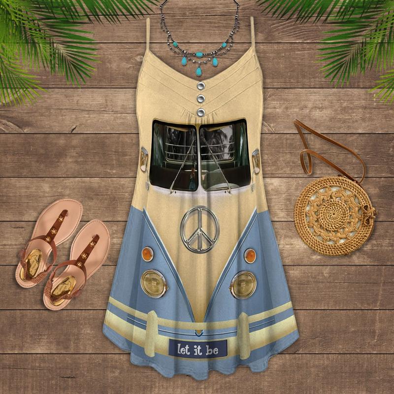 Artistic Hippie Van Retro V-Neck Sleeveless Cami Dress For Music Festivals And Thoughtful Boho Gifting