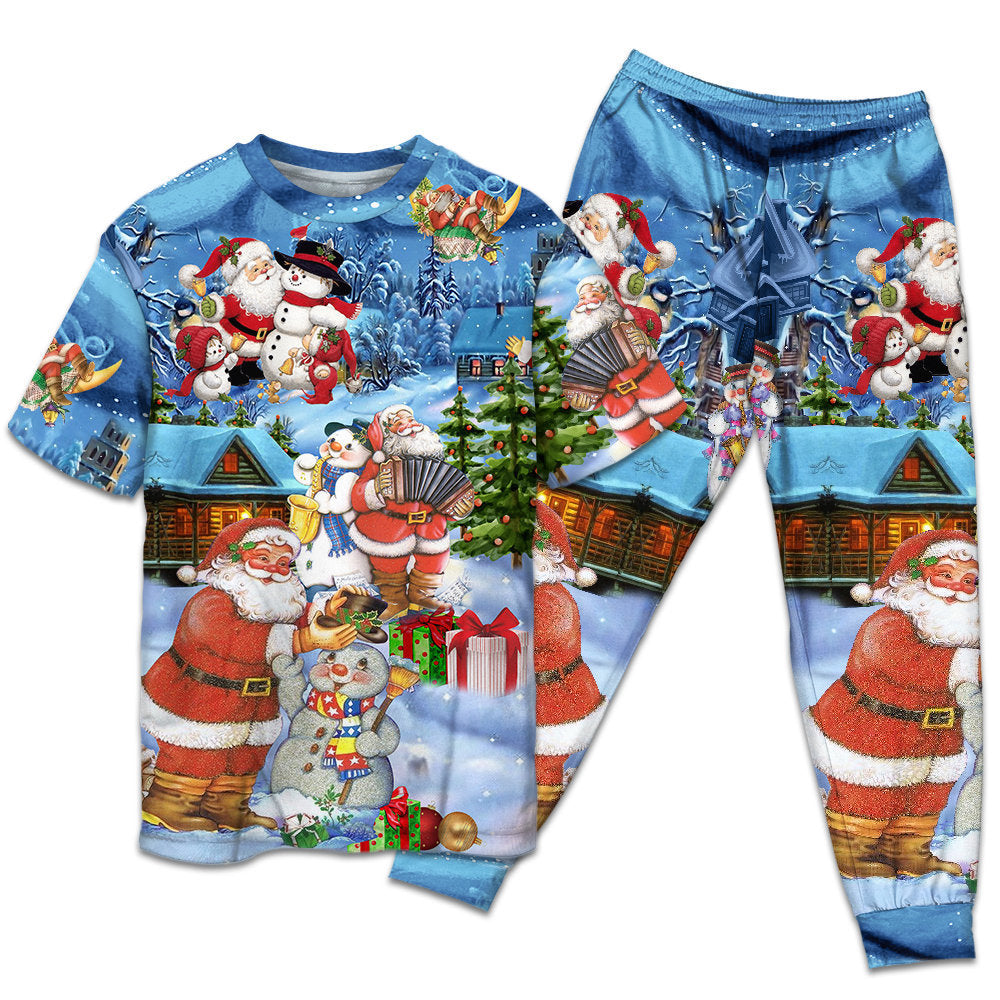 Santa And Snowman Friends Christmas Short Sleeve Pajamas Set For Winter Nights And Thoughtful Gifting